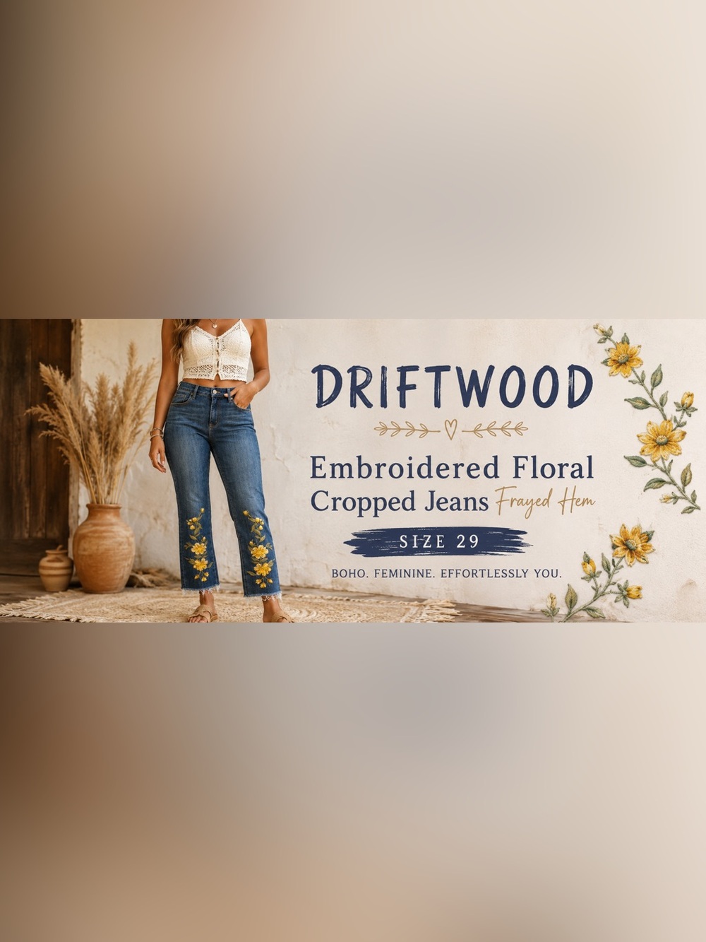 DRIFTWOOD Women’s Embroidered Floral Cropped Jeans Frayed Hem 29 - Picture 8 of 9